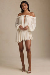 Off-Shoulder Asymmetric Balloon-Sleeve Mini Dress in Ivory