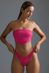Embellished Scarf Bandeau Bikini Top in Raspberry Sorbet
