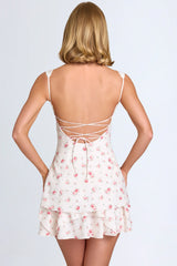 Ruffle-Trim Button-Detail Corset Mini Dress in Small Rose Print