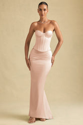 Draped Low-Rise Maxi Skirt in Beige Gold