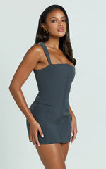 Jenni Mini Dress - Zip Through Square Neck Open Back Dress in Dusk Grey
