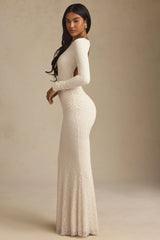 Ruched Backless Lace Maxi Dress in Ivory