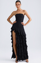 Kateproms Ruffle-Trim Strapless Gown in Black