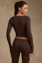 Modal Ruched Long-Sleeve Top in Chocolate Brown