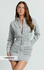 Kamala Mini Dress - Long Sleeve Button Through Denim Dress in Grey