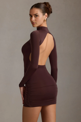 Kateproms Ruched Backless Turtleneck Mini Dress in Chocolate Brown