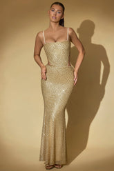 Embellished Cut-Out Gown in Gold