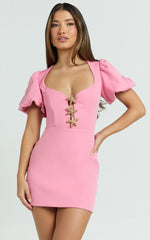 Lalisa Mini Dress - Puff Sleeve Starfish Plunge Neck Dress in Pink