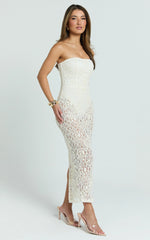 Emilee Midi Dress - Strapless Jersey Bodysuit Sheer lace Column Dress in White