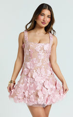 Sienna Mini Dress - 3D Floral Fit And Flare Dress in Pink