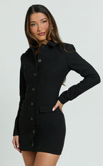 Belle Mini Dress - High Neck Collar Long Sleeve Button Front Fitted Shirtdress in Black