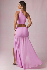 Asymmetric Ruched Maxi Skirt in Pink Orchid