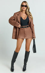 Priscilla Mini Skirt - Mid Waist Faux Suede Skirt in Brown Tan