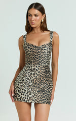 Sandy Mini Dress - Square Neck Jacquard Dress in Leopard Print