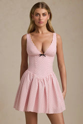 Bow-Detail A-Line Mini Dress in Pink Polka Dot