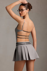 Belted Backless Pleated Mini Dress in Grey