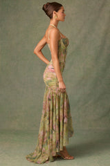 Ruched Asymmetric Corset Gown in Floral Multi Print