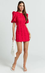 Laila Mini Linen Blend Dress - High Neck Side Cut Out Puff Sleeve Straight Dress in Red