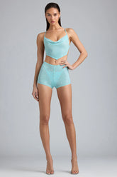 Embellished Mid-Rise Hot Pant Shorts in Ice Blue