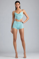Embellished Mid-Rise Hot Pant Shorts in Ice Blue