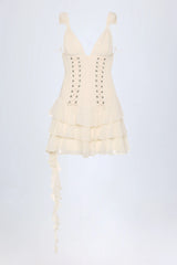 Lace-Up Ruffled Tiered Mini Dress in Ivory