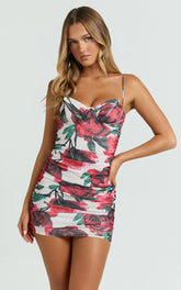 Augustine Mini Dress - Sweetheart Ruched Bodycon Dress in Rose Blanca