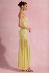Semi-Sheer Embellished Asymmetric Maxi Dress in Yellow