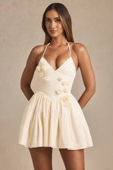 Halterneck Floral-Appliqué Corset Mini Dress in Ivory