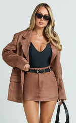 Priscilla Mini Skirt - Mid Waist Faux Suede Skirt in Brown Tan