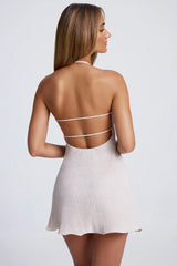Hardware Detail Open-Back Halterneck Micro Mini Dress in Sky Grey