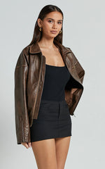 Sophia Jacket - Crop PU Bomber Jacket in Brown