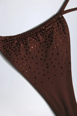 Embellished Drawstring Thong Bikini Bottoms in Chocolate Brown