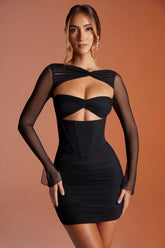 Long Sleeved Ruched Mini Dress in Black