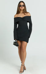 Cyrus Mini Dress - Off Shoulder Long Sleeve Fit And Flare Dress in Black