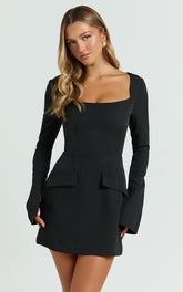 Zita Mini Dress - Long Sleeve Tailored Tulip Dress in Black