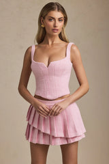 Layered Pleated Low-Rise Mini Skirt in Soft Pink