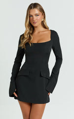 Zita Mini Dress - Long Sleeve Tailored Tulip Dress in Black
