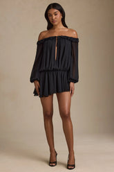 Off-Shoulder Asymmetric Balloon-Sleeve Mini Dress in Black