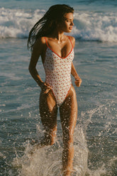 Charm-Detail Cross-Back Swimsuit in Cherry Print