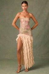 Embellished Ruffle-Trim Strapless Gown in Rose Hotfix