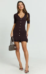 Mischa Mini Dress - Collared Short Sleeve Fit And Flare Knitted Dress in Dark Chocolate