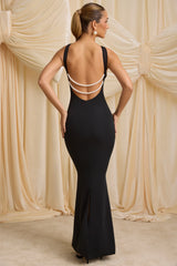 Pearl-Detail Halterneck Maxi Dress in Black