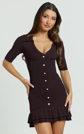 Mischa Mini Dress - Collared Short Sleeve Fit And Flare Knitted Dress in Dark Chocolate
