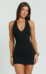 Feliz Mini Dress - Plunge Halter Low Back Dress in Black
