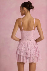 Embellished Ruffled Tiered Mini Dress in Pink