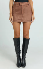 Priscilla Mini Skirt - Mid Waist Faux Suede Skirt in Brown Tan