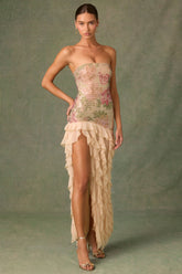 Embellished Ruffle-Trim Strapless Gown in Rose Hotfix