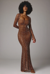 Kateproms Sheer Embellished Long Sleeve Evening Gown in Mocha