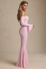 Off-Shoulder Ruffle Lace Maxi Dress in Soft Pink