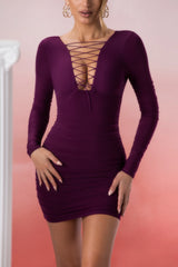 Lace Up Long Sleeve Mini Dress in Wine